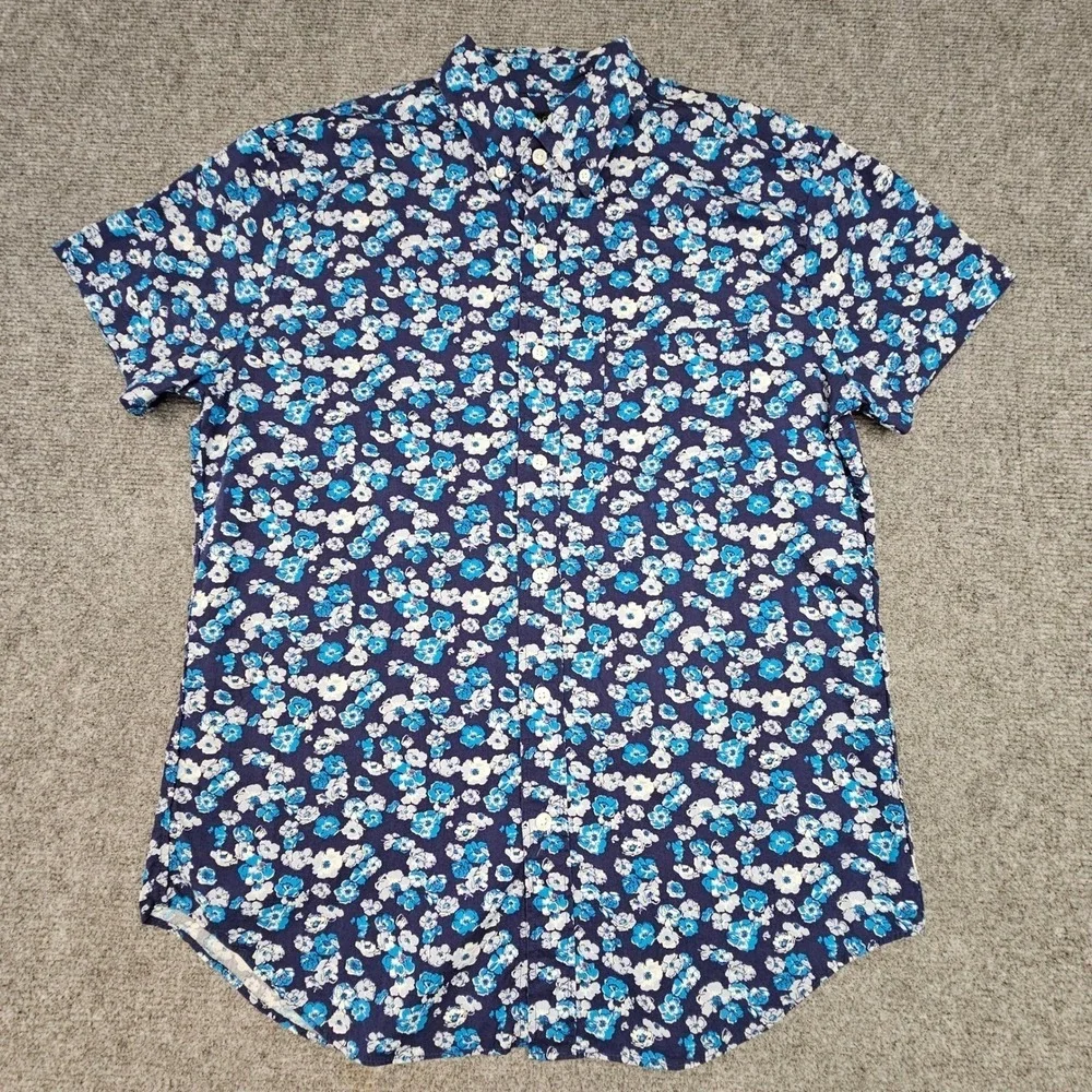 J. Crew Button Down Shirt Mens Medium M Blue Floral Short Sleeve A4776‎